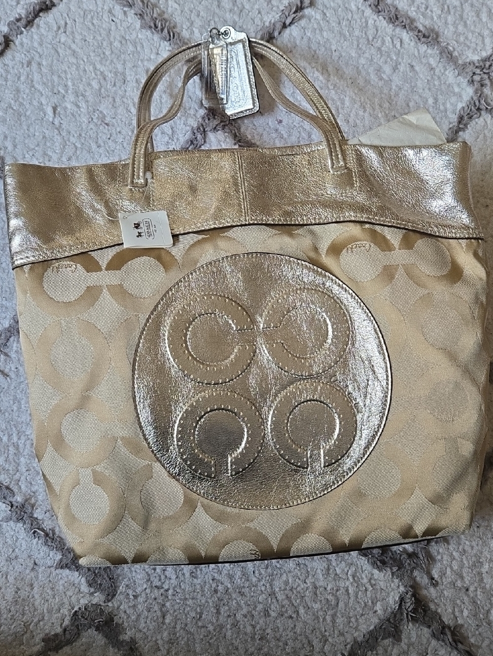 Coach Metallic Gold Signature Hobo Tote with Embossed Logo